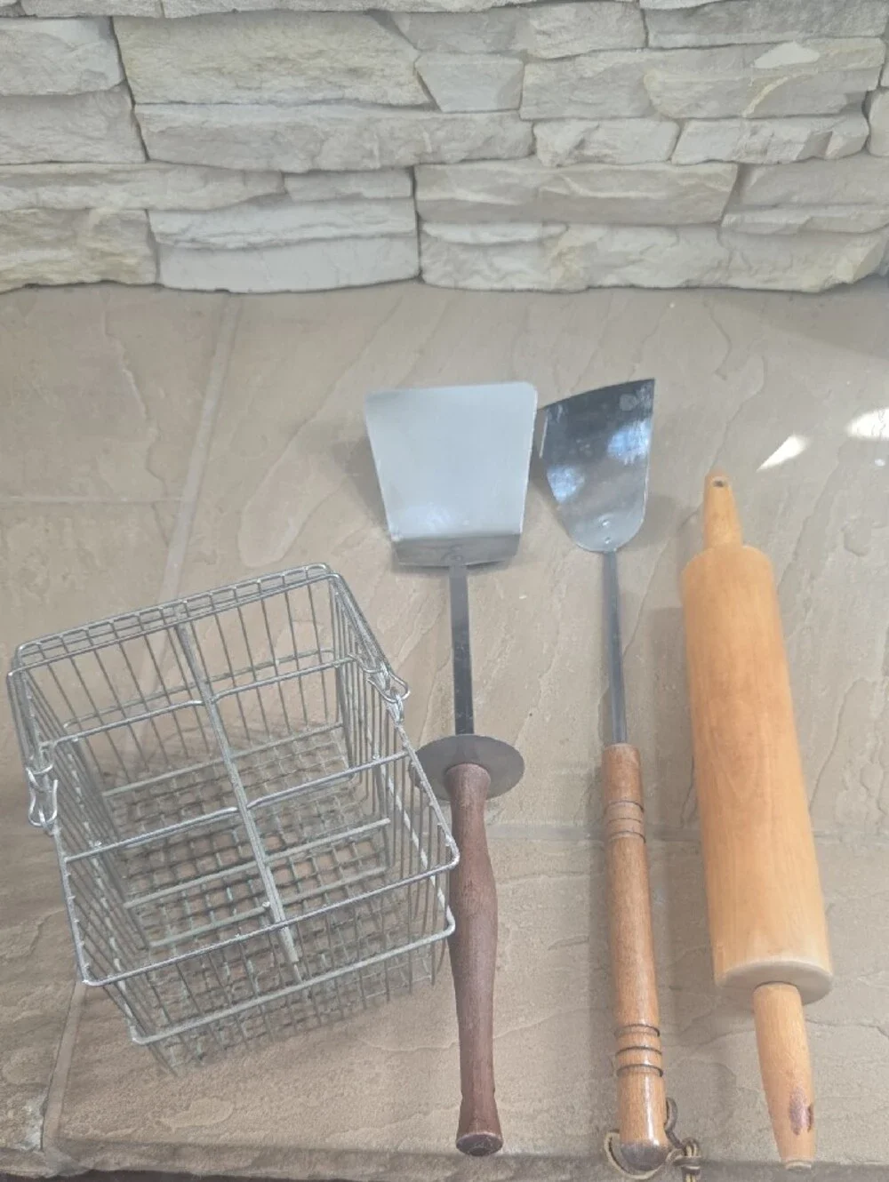 Wood and Metal Kitchen Utensil Items with Metal Storage Basket